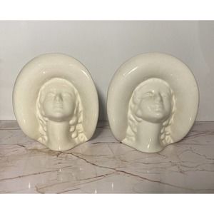 Vintage Sarsaparilla Deco White Woman Head Candle Stick/Plant Holder Set Of 2